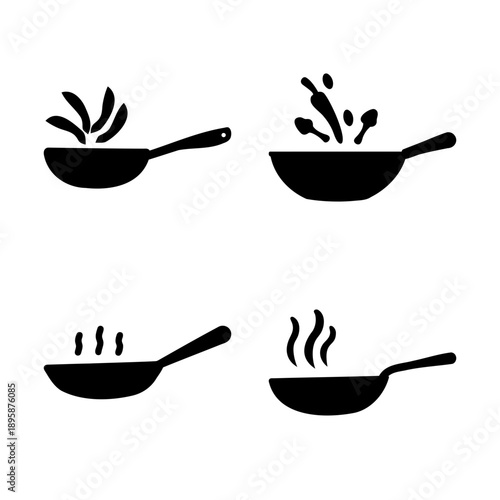 Illustrations Showing Cooking Process With Frying Pan, Stir Frying and Steaming Food