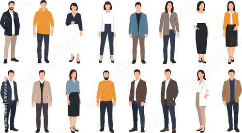 Business people standing character set in smart casual and professional outfits isolated vector illustration