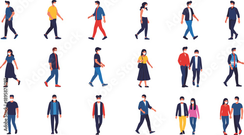 People walking character set in modern casual outfits showing daily movement urban lifestyle vector illustration