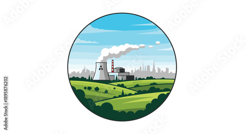 Nuclear power plant with a large cooling tower and smoking chimney is depicted in a circular frame surrounded by green fields.