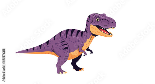 Large purple Tyrannosaurus Rex with black stripes stands with its mouth open, showing sharp teeth and a yellow belly.