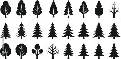 Black tree silhouette icons collection with deciduous and pine shapes, minimalist forest symbols set, flat vector illustration isolated on white background