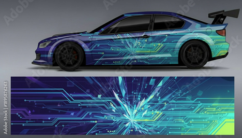 A sports car featuring a vibrant blue and green circuit board-inspired digital graphic wrap, with the full pattern displayed below.