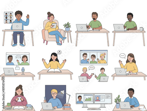 Hand drawn vecFlat vector illustration of diverse people working from home on laptops, 