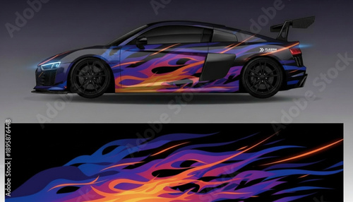 Sports car with vibrant blue and orange flame decal design, showcasing vehicle wrap graphic resource.