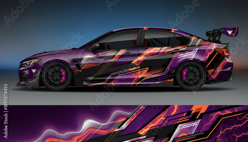 Purple sports car with dynamic orange and black lightning graphic wrap design.