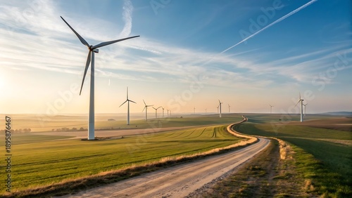 Panoramic view of wind turbines stretching across green fields and rural road under clear sky at dawn