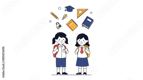 Two young school girls with backpacks standing together under a variety of floating academic icons and stationery items for back to school.