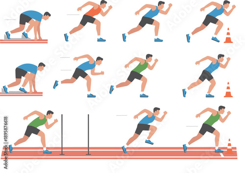 Athletic sprinters flat vector set featuring runners in starting blocks, sprinting on track, and jumping hurdles during competition training