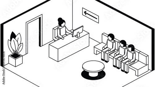 Isometric Waiting Room With Seating And Patient Flow Diagram Representing Scheduling Efficiency, Throughput Management And Healthcare Facility Operations Vector Illustration