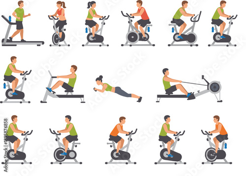 Set of people using stationary exercise bikes and rowing machines for indoor cardio workout and endurance training in flat vector style isolated on white background