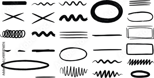 Hand drawn black ink correction marks set with cross signs wavy underlines oval frames and sketchy brush strokes