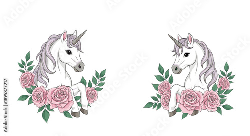 Elegant white unicorns with flowing manes are framed by beautiful pink roses and green leaves on a simple white background.