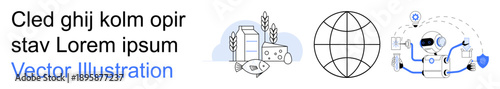 Global trade, technology networking, agriculture, world market economy, food industry, sustainable development. Linear illustrations of a globe, robotic technology and food goods. Global trade