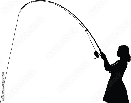Silhouette of a woman standing and fishing with a rod, outdoor hobby, leisure activity, vector illustration, isolated on white background.
