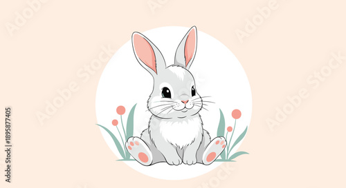 Lovely grey bunny with pink ears sits peacefully inside a circular frame decorated with simple pink flowers and grass.