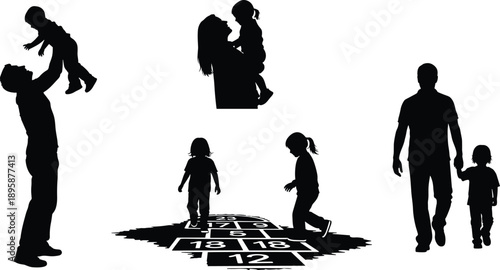 Silhouette of family playing and walking, father lifting baby, mother holding child, kids playing hopscotch, vector illustration, isolated on white.