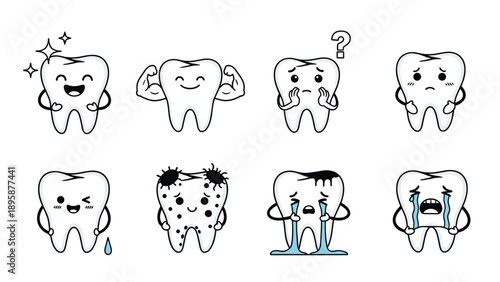 Set of anthropomorphic tooth characters showing various dental conditions like health, strength, decay, pain, and crying for oral care education.