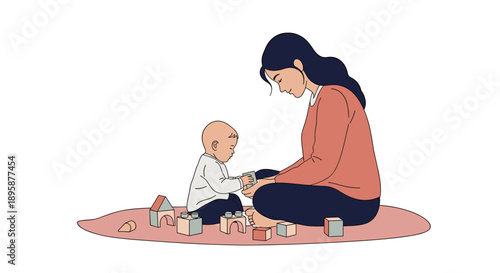 Caring mother sits on a pink rug and plays with her young child using colorful wooden building blocks in a minimalist room.