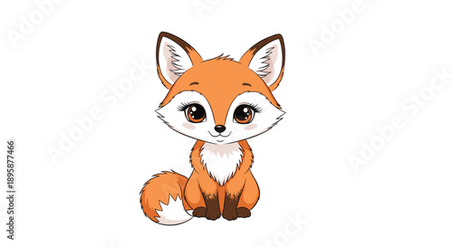 Charming cartoon fox with bright orange fur and big dark eyes sits calmly on a white background in a cute vector style.