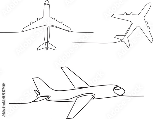 Airplane in different views and positions in single line drawn style
