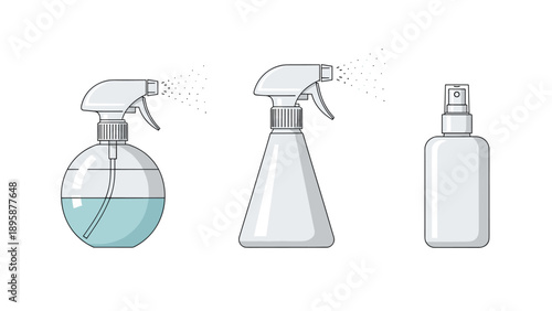 Three different types of plastic spray bottles including a round one, a conical one, and a small perfume style bottle for cleaning or beauty use.