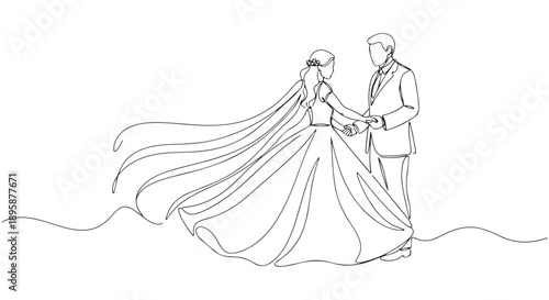 Elegant minimalist continuous line art drawing of a bridal couple holding hands, symbolizing love and commitment on their wedding day in a modern style