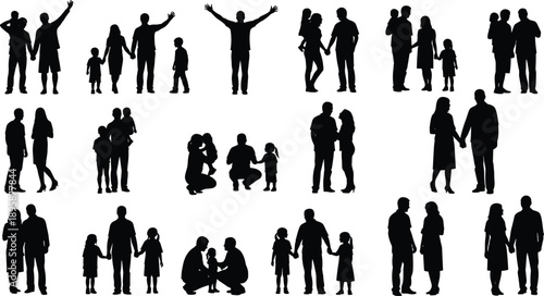 Collection of family silhouettes, parents and children bonding, jumping and playing, isolated vector illustration set, happy people together, lifestyle icons.