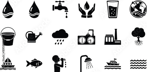 Water cycle and conservation icons