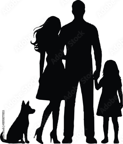 Black silhouette of a happy family with father mother daughter and pet dog standing together isolated on a white background.