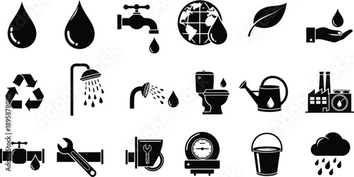 Collection of water and environmental icons in black and white