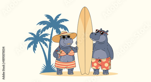 Two funny hippos in swimwear and sunglasses stand on a tropical beach with a surfboard next to blue palm trees.