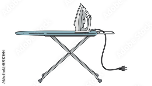 Household steam iron sitting upright on a padded blue ironing board with a long power cord and plug visible against a plain white background.