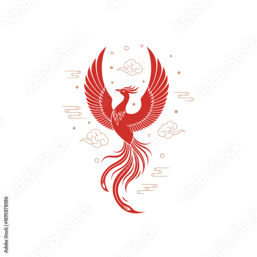Chinese Phoenix Fenghuang Illustration, Minimalist Red Mythological Bird Vector, Traditional Asian Auspicious Symbol with Clouds and Gold Accents