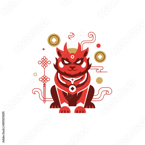 Red Pixiu Chinese Mythological Creature Illustration for Wealth and Good Fortune Luck Symbol