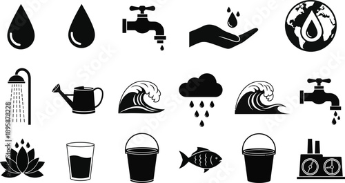 Water icons and symbols in various forms and uses