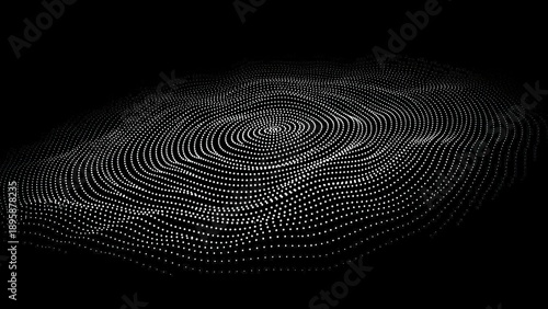 Abstract digital visualization of concentric waves formed by a dense field of white dots on a black background, representing data flow or sound waves.