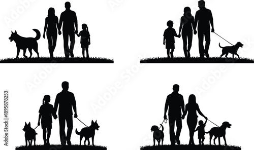 Silhouette of happy family walking with dog in park, parents and children enjoying outdoor summer leisure activity together, isolated vector illustration