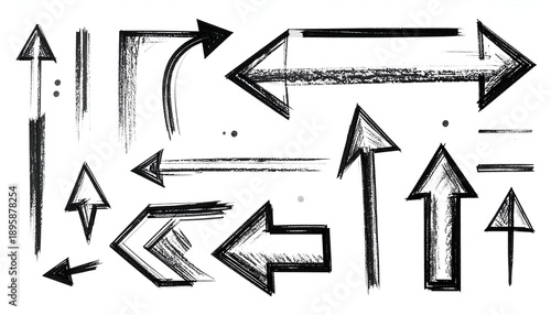 Collection of hand-drawn, textured arrows pointing in various directions, rendered in black on a white background