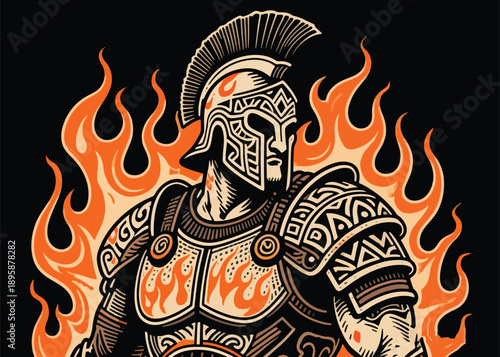 Spartan Warrior of Blazing Fire Illustrator Artwork Creative Design Template 