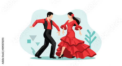 Professional dancers in traditional red and black Spanish attire perform a passionate flamenco dance in a vector style.