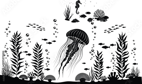 Black and white illustration of a jellyfish in the ocean with seaweed and small fish