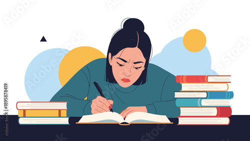 Focused young woman student writing in her notebook surrounded by stacks of books while studying hard for an upcoming exam.