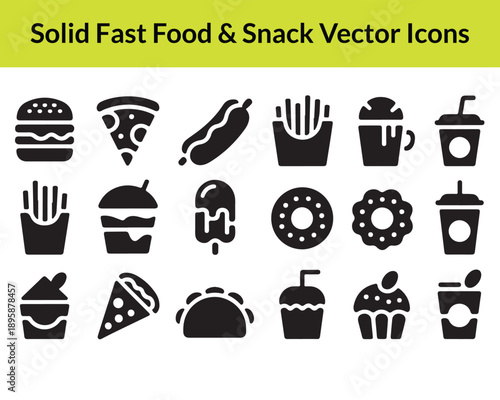 A collection of solid fast food and snack vector icons displayed in a simple black silhouette high quality professional