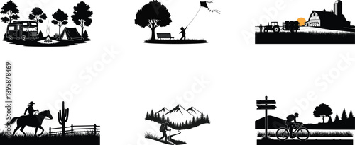 Collection of rural and natural scene silhouettes