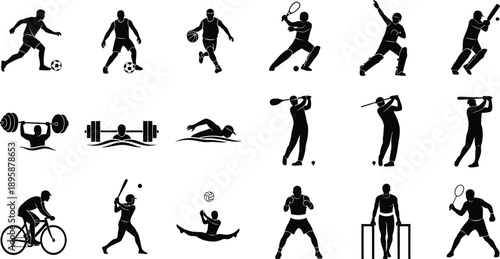 Silhouette icons of people engaging in various sports and fitness activities