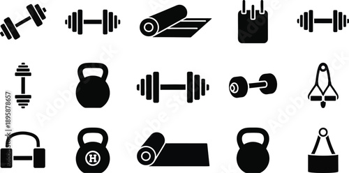Fitness icons and gym equipment silhouettes