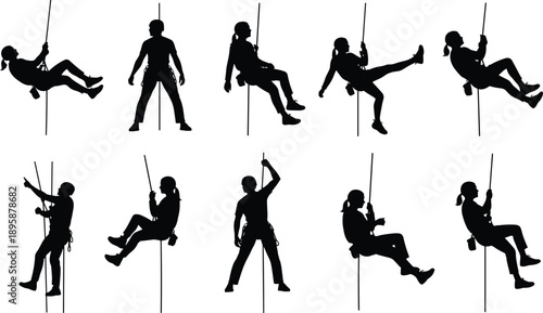 Black silhouettes of rock climbers and rappellers, extreme outdoor sports set, people on ropes, abseiling adventure, isolated on white background.