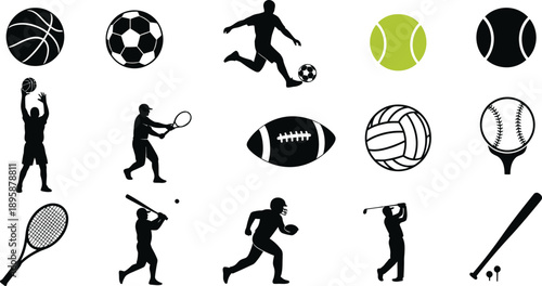 Sports icons featuring various athletic equipment and players in action
