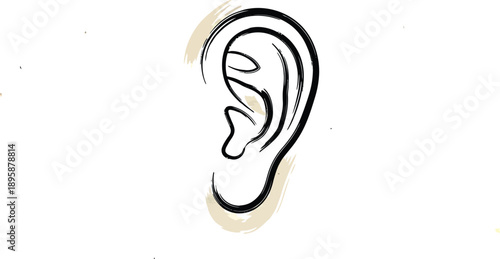 Black and white of a human ear with beige brush strokes